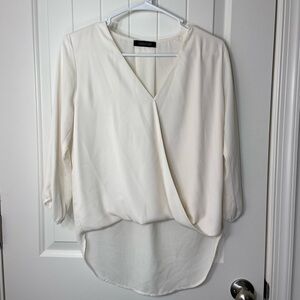 Abbeline women’s‎ solid white elastic cuff crossover high low relaxed blouse XS